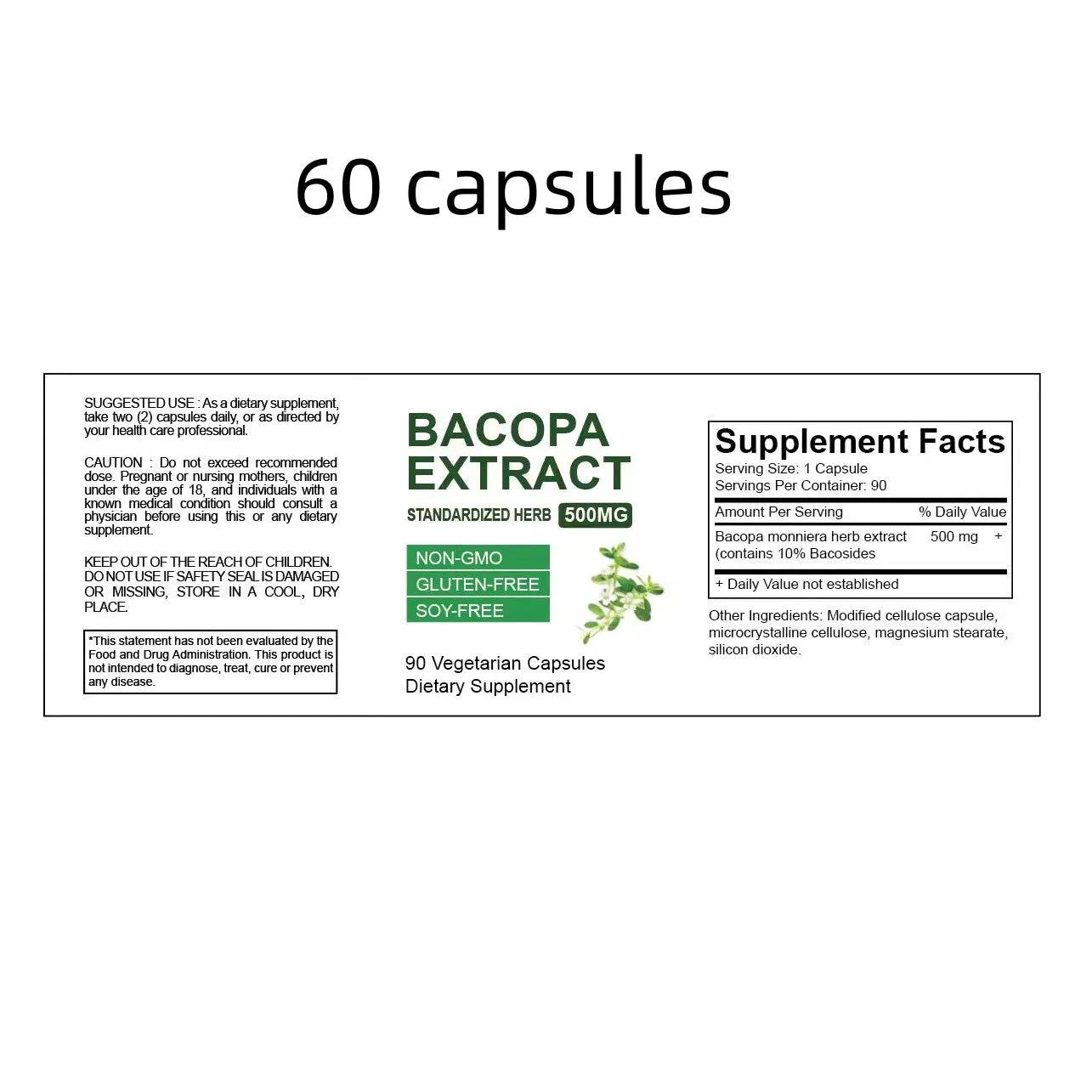 Brahman Ginseng Extract Capsules bottle with Bacopa monniera herb supplement 60 90 120 capsules