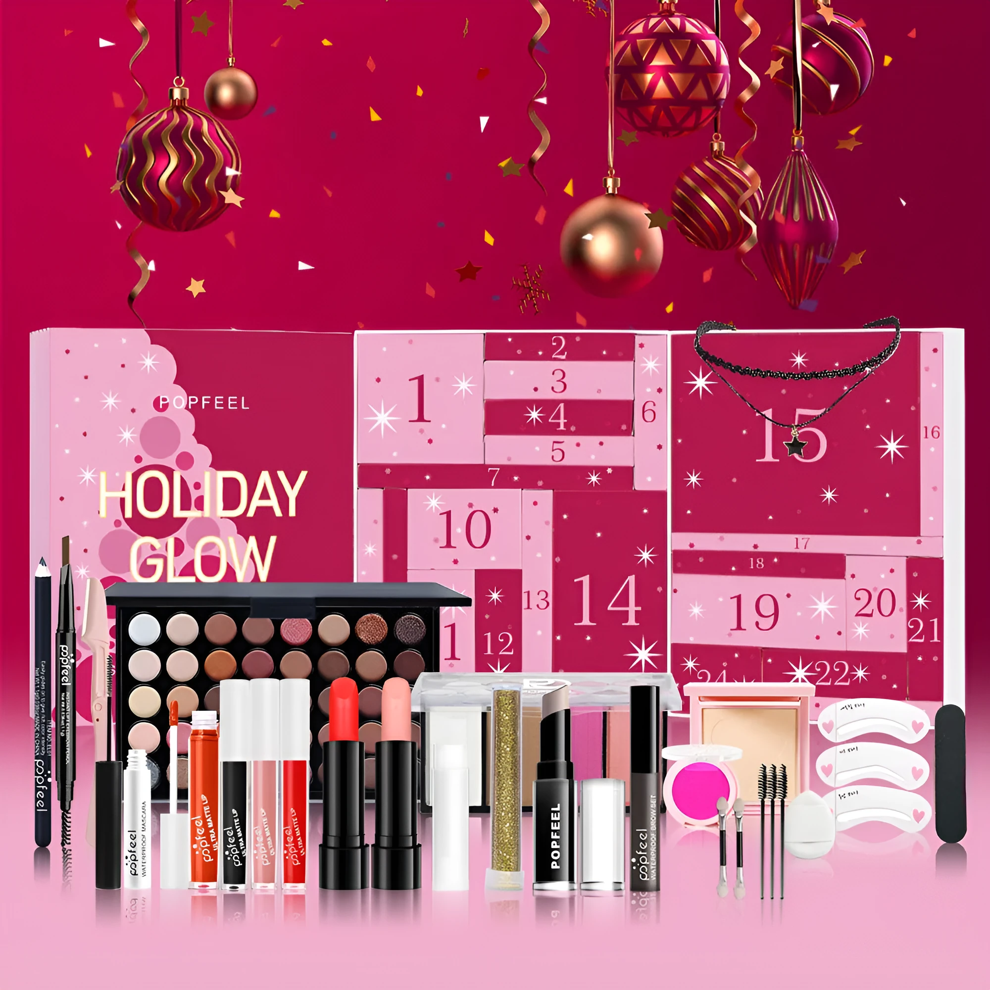 Earth tone makeup set with eyeshadow, lip gloss, and lipstick in brown WOW003 gift box