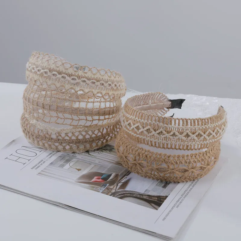 Bamboo woven wide brim hair band in bohemian straw weave style, black or khaki colour, cloth headband