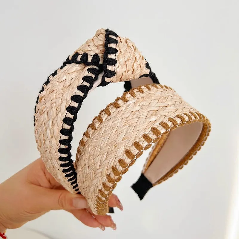 Bamboo woven wide brim hair band in bohemian straw weave style, black or khaki colour, cloth headband