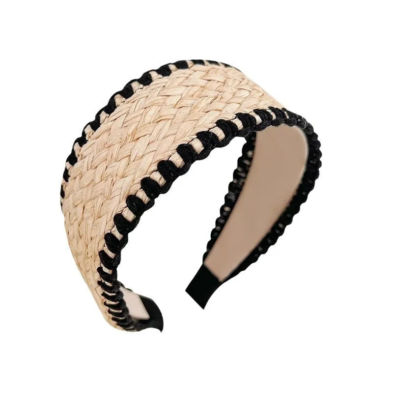 Bamboo woven wide brim hair band in bohemian straw weave style, black or khaki colour, cloth headband
