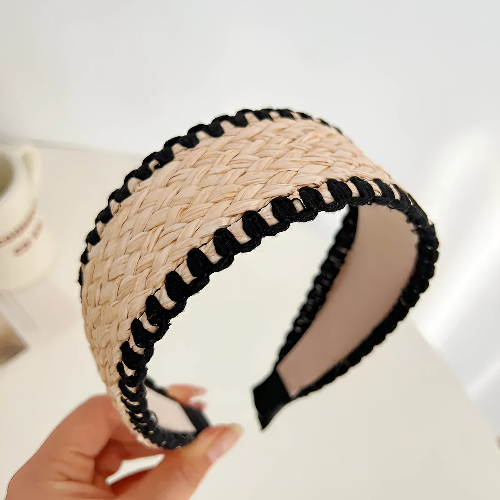 Bamboo woven wide brim hair band in bohemian straw weave style, black or khaki colour, cloth headband