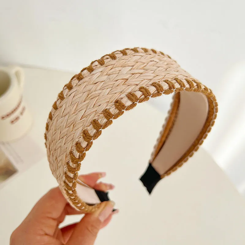 Bamboo woven wide brim hair band in bohemian straw weave style, black or khaki colour, cloth headband