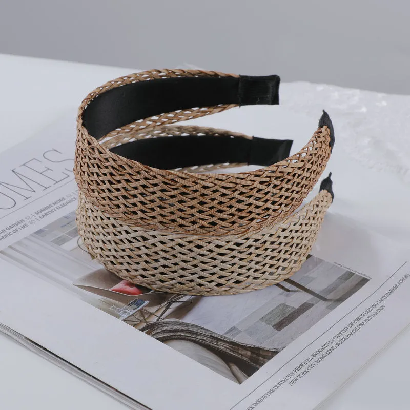 Bamboo woven wide brim hair band in bohemian straw weave style, black or khaki colour, cloth headband