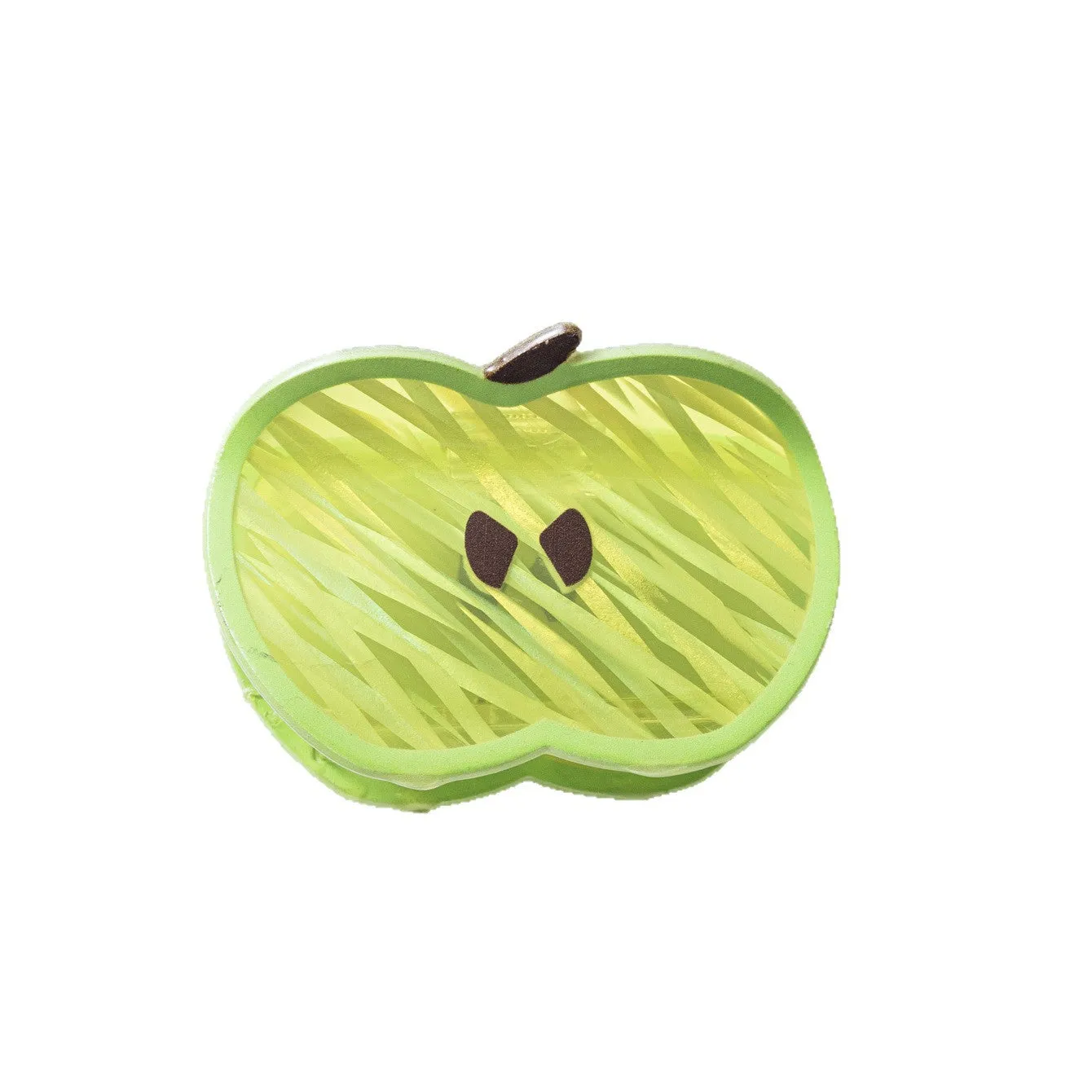 Green apple-shaped claw clip with polished PVC finish, 7.5cm long, on a plain background