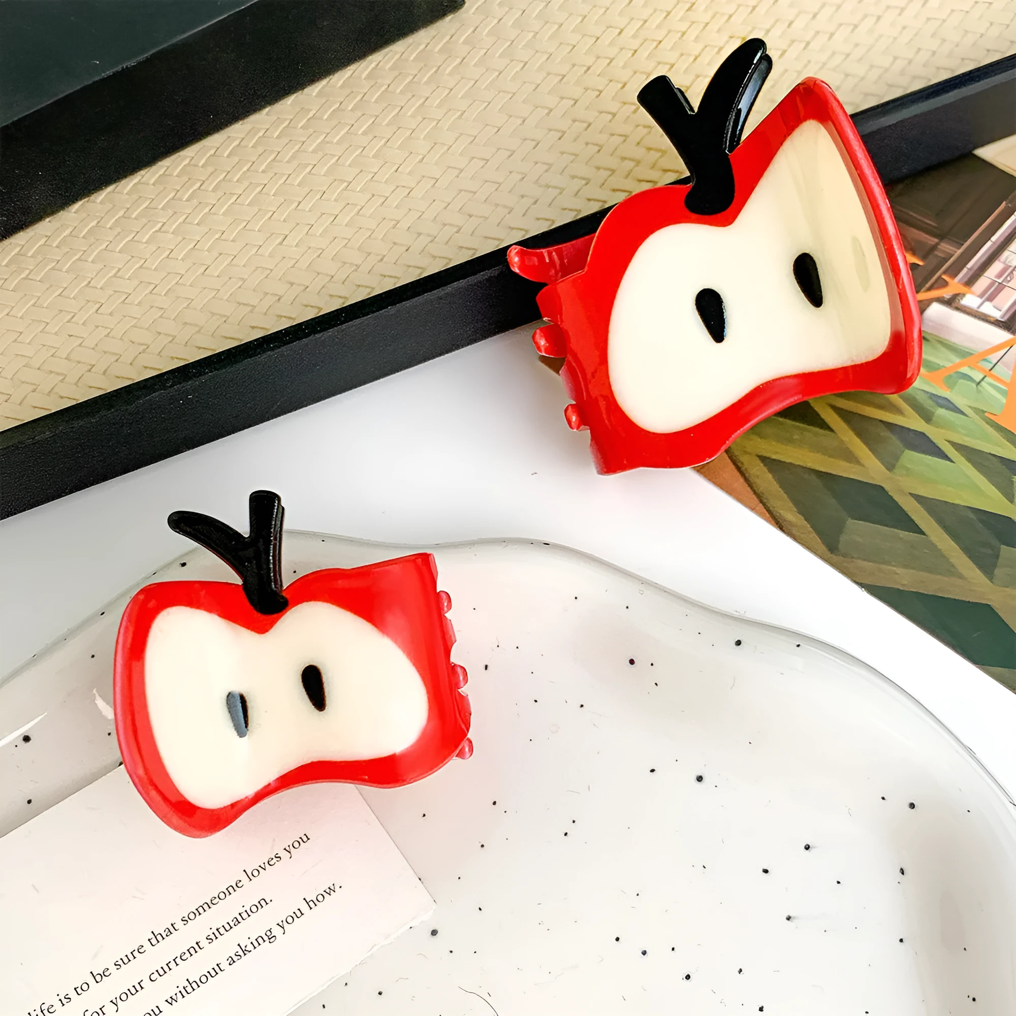 Handmade red spliced apple hair clip, large and small sizes for women, mixed material build