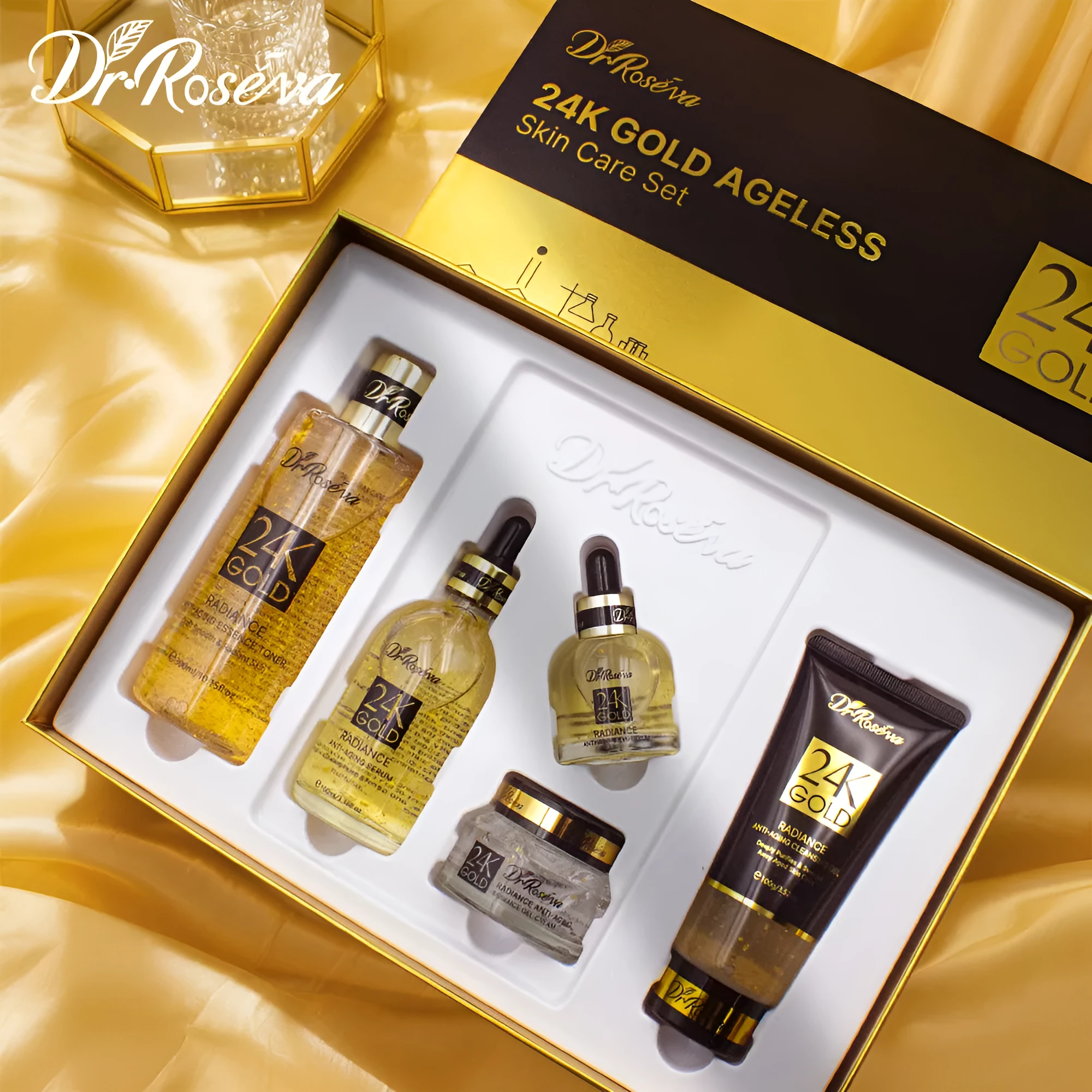 DR.ROSEVA 24K Gold Radiance Luxury Set 5 piece skincare gift box with cleanser serum and face cream