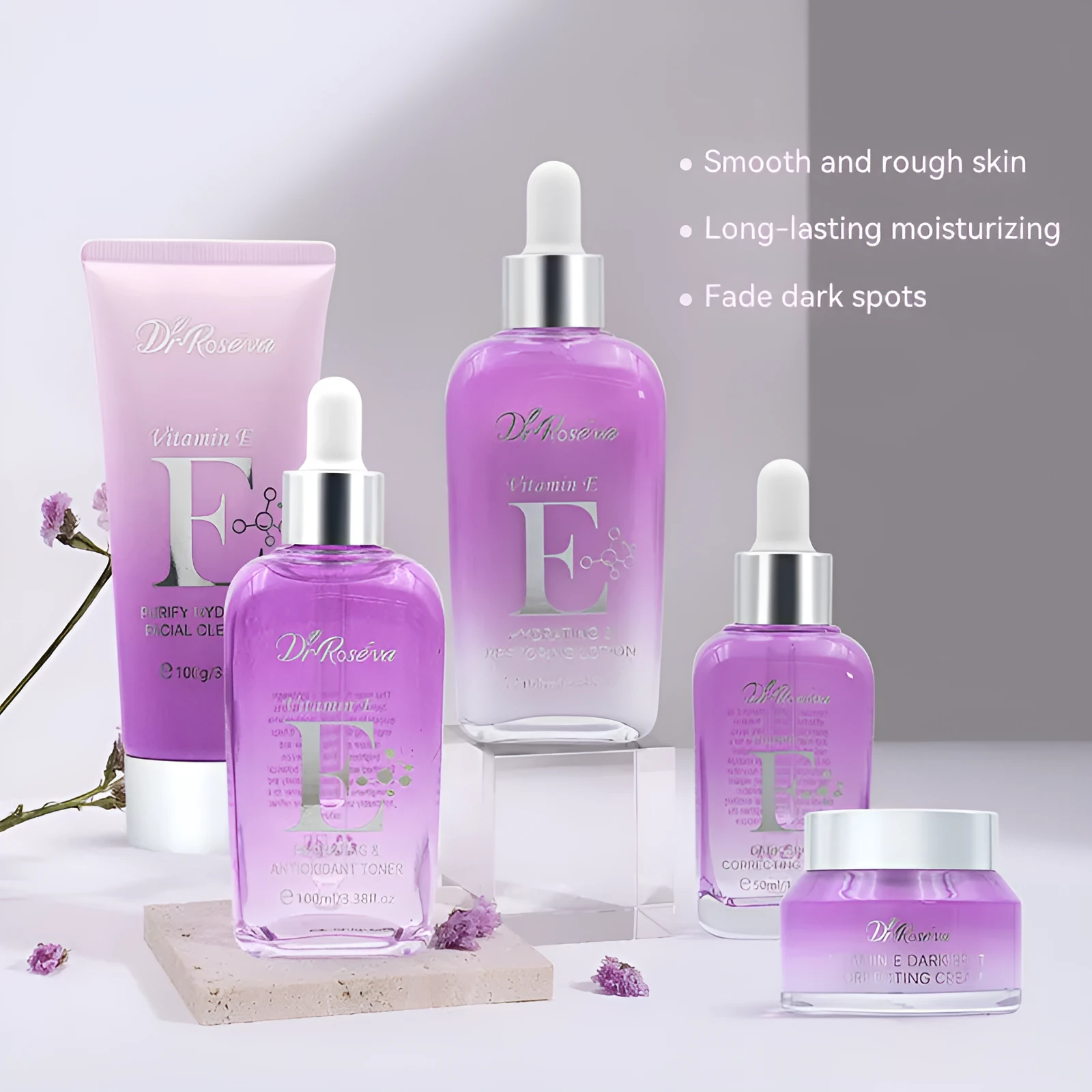 DR.ROSEVA 5 piece private label skincare set with anti-acne dark spot remover toner and cream