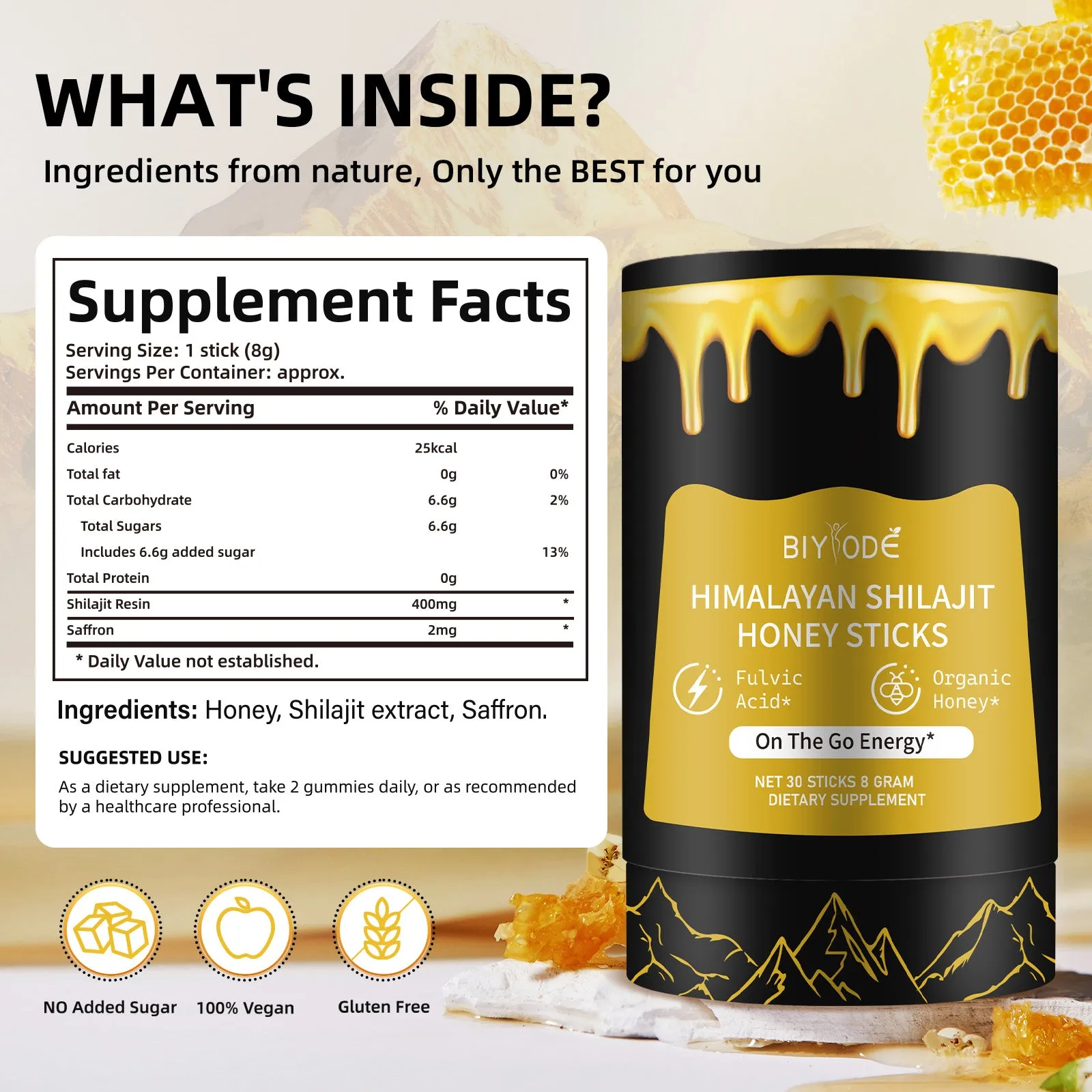Shilajit honey sticks in bottle with gold colour resin sticks for daily energy supplement