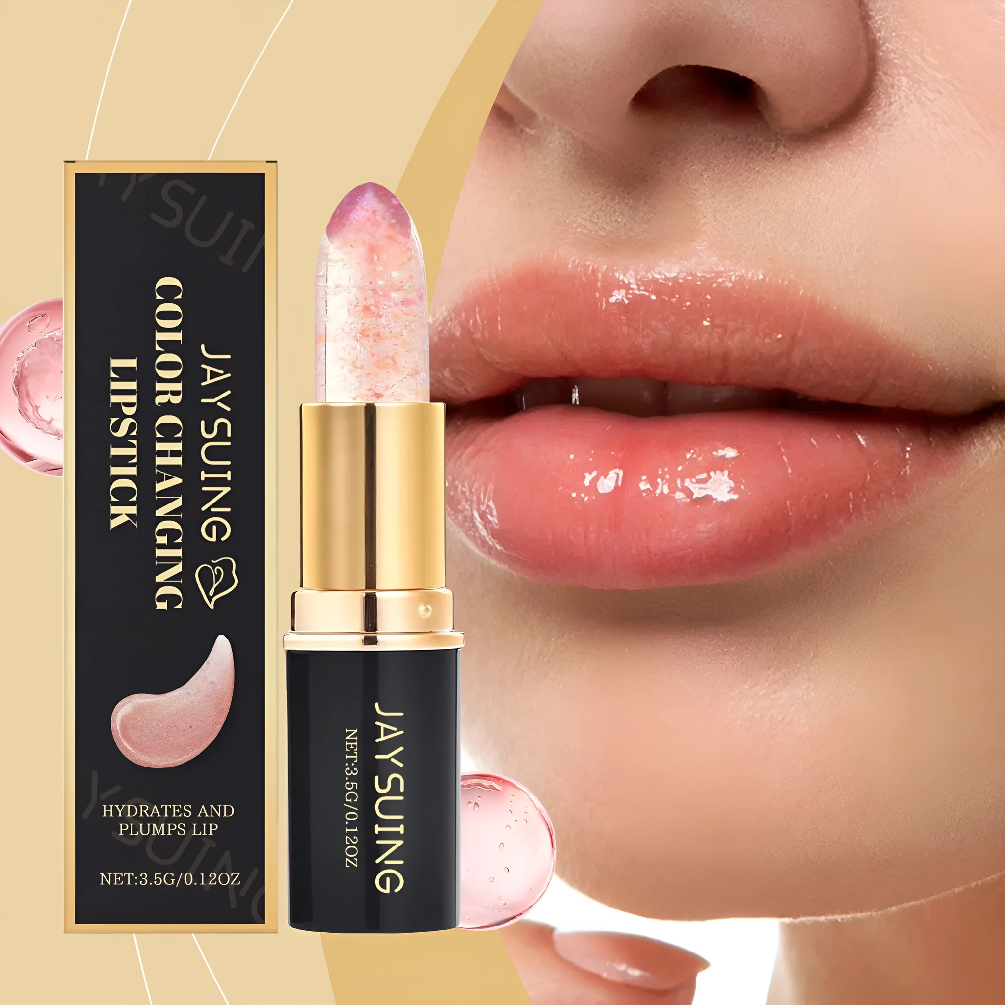 Moisturising colour changing lipstick stick, 3.5g, with hyaluronic acid and jojoba oil.