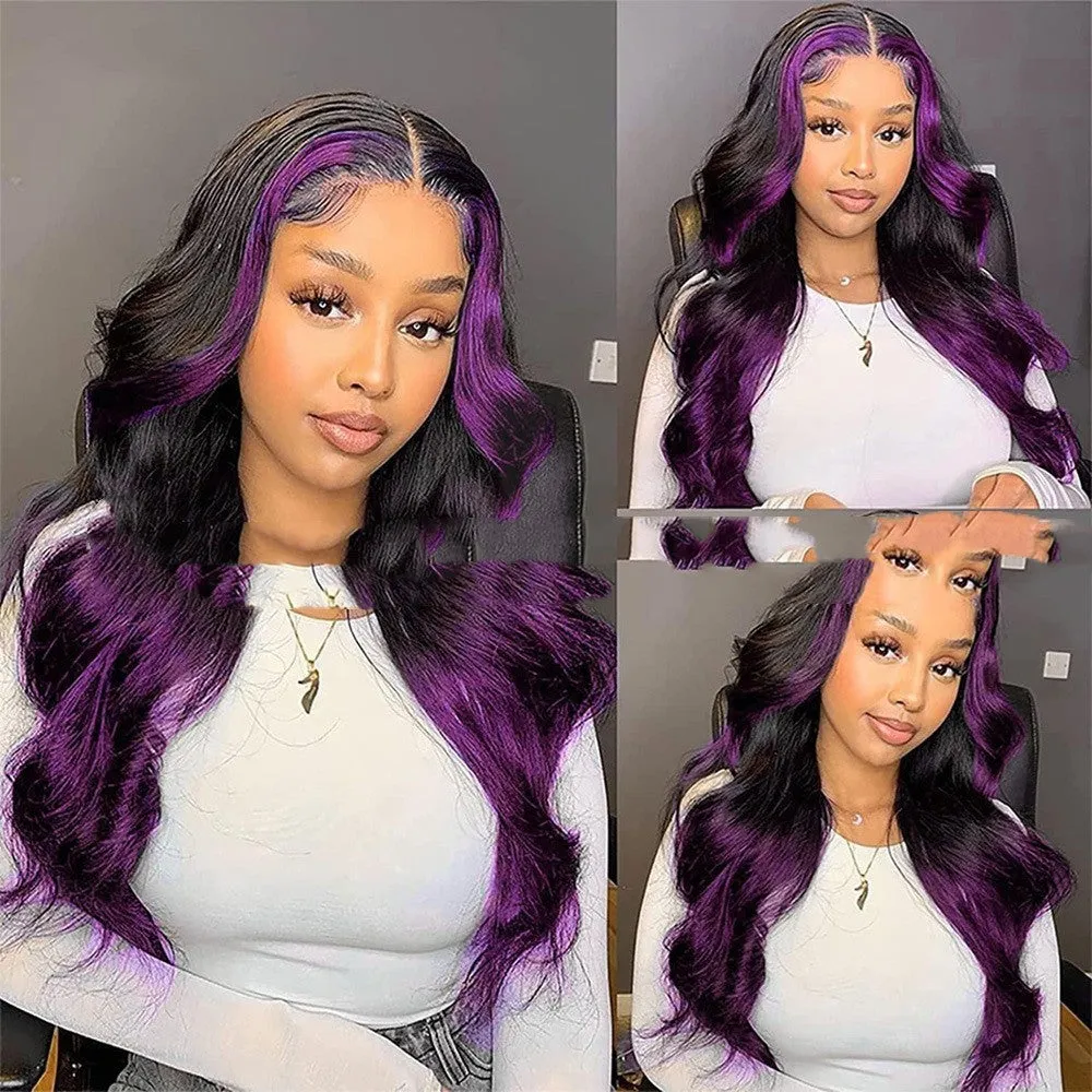 Gradient purple real human hair lace front wig with 13x6 lace base shown in long length