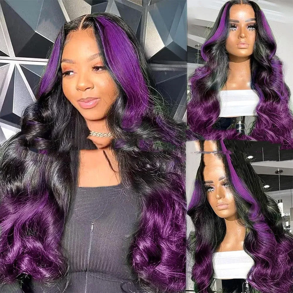Gradient purple real human hair lace front wig with 13x6 lace base shown in long length