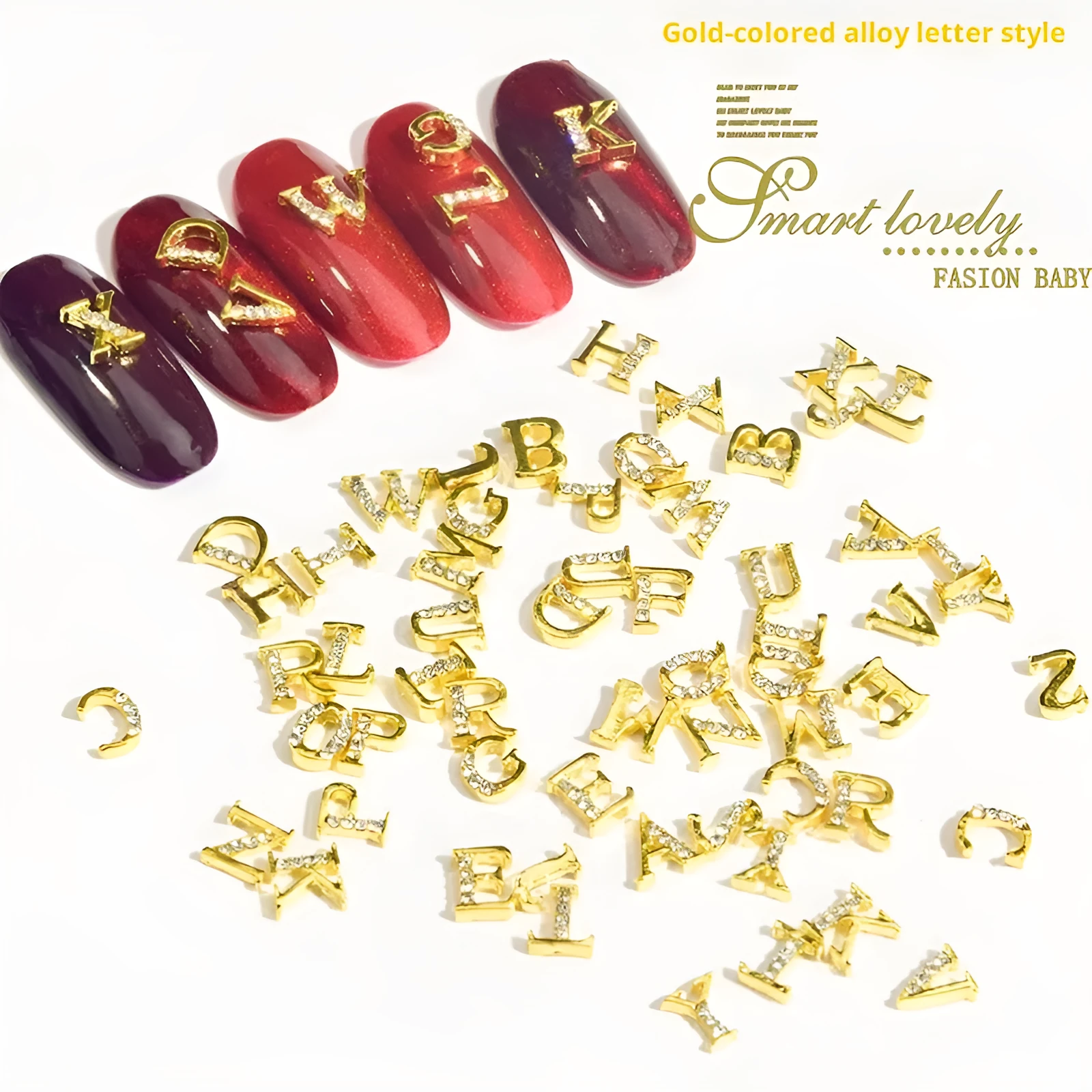 Gold alloy letter A nail ornament charm with crystal detail on a square chain base