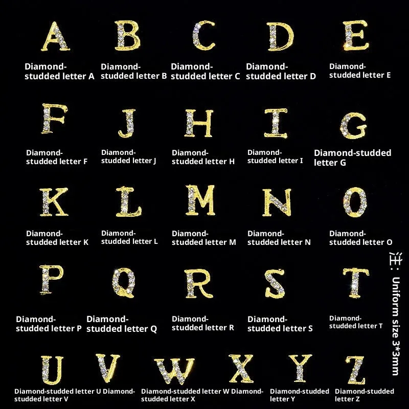 Gold alloy letter A nail ornament charm with crystal detail on a square chain base