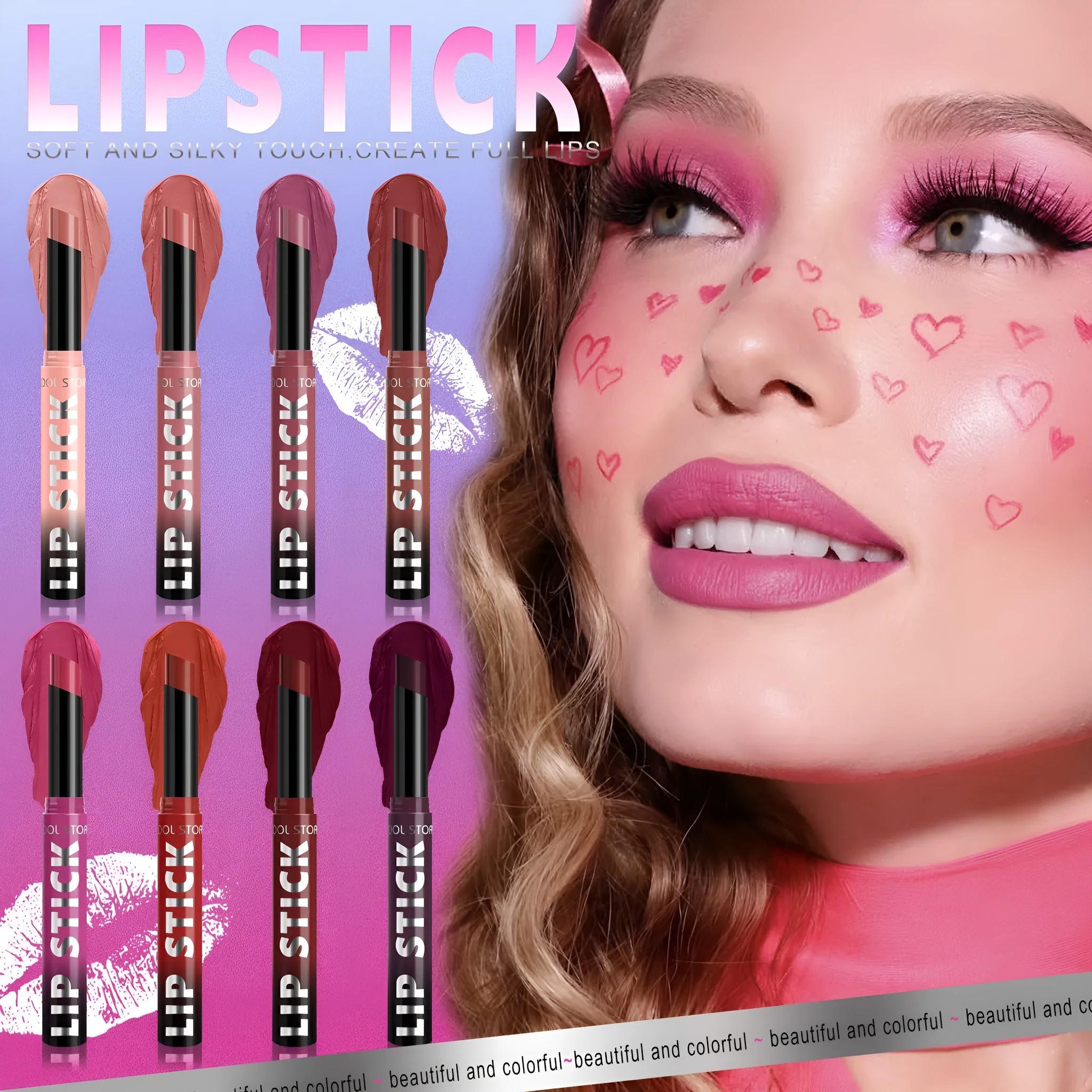 Dual-use lipstick and light gloss stick in a choice of eight colours with 2g net content.