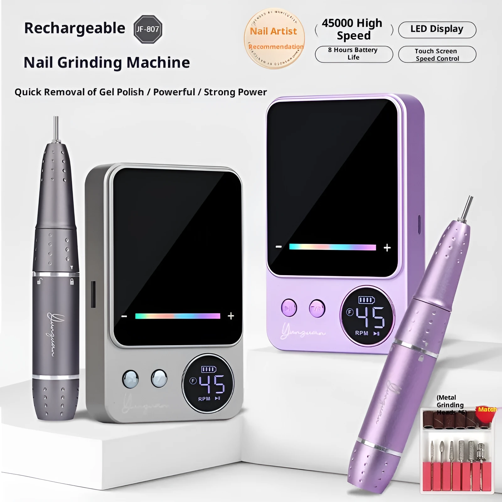 Rechargeable electric nail polishing machine in purple with USB charging cord