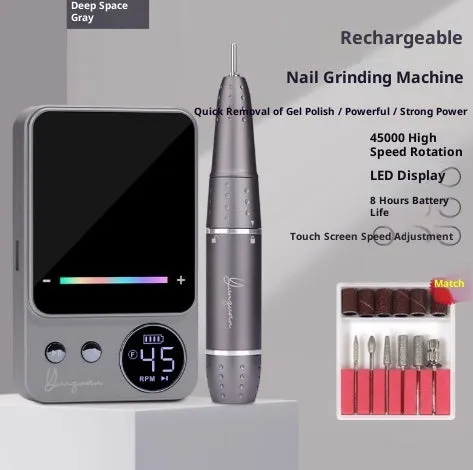 Rechargeable electric nail polishing machine in purple with USB charging cord