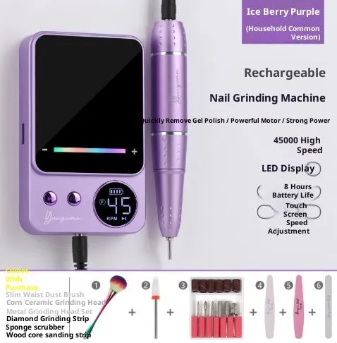 Rechargeable electric nail polishing machine in purple with USB charging cord