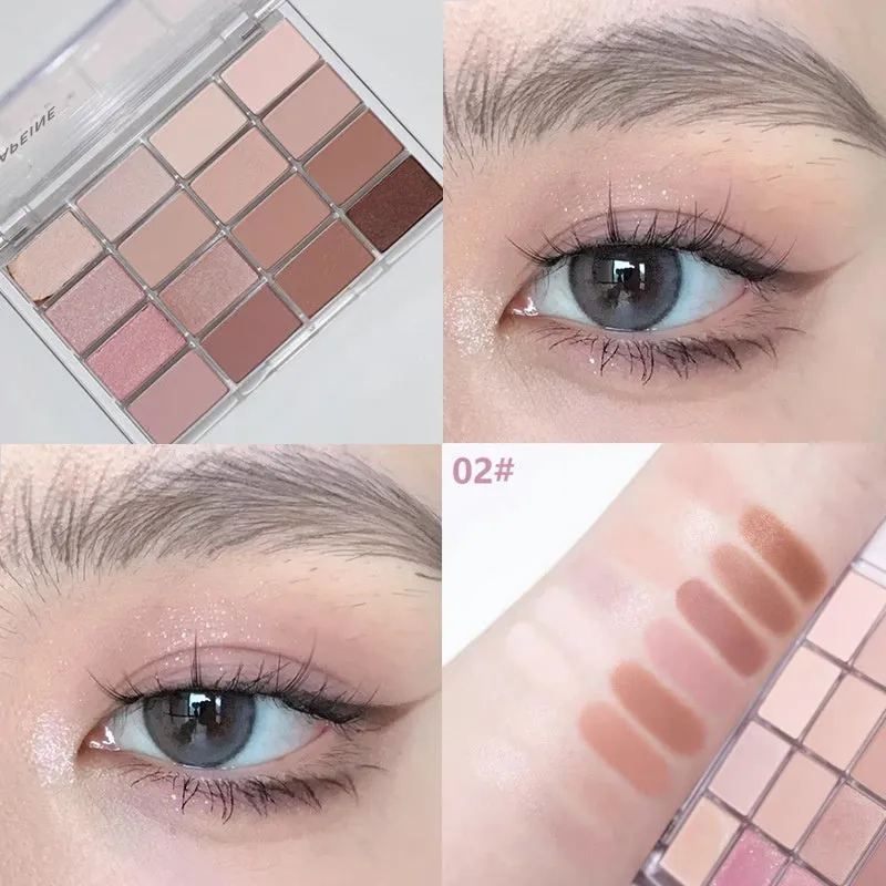 16 colour eyeshadow palette showing shimmer and matte shades in pink, brown and lavender colours