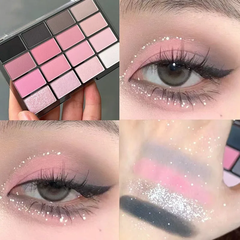 16 colour eyeshadow palette showing shimmer and matte shades in pink, brown and lavender colours