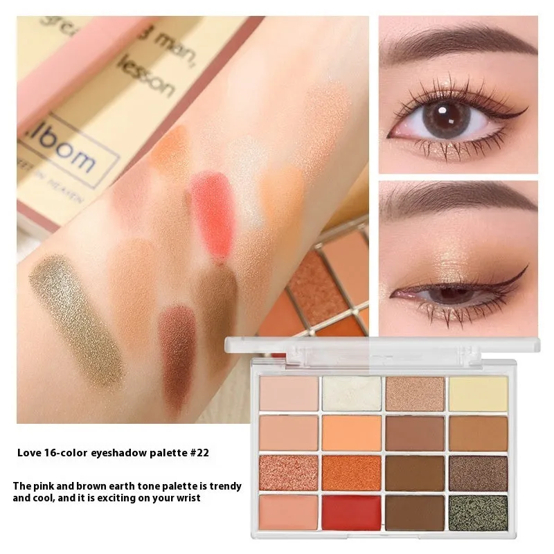 16 colour eyeshadow palette showing shimmer and matte shades in pink, brown and lavender colours