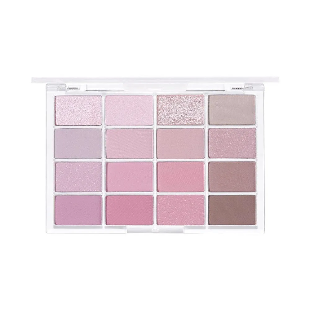 16 colour eyeshadow palette showing shimmer and matte shades in pink, brown and lavender colours