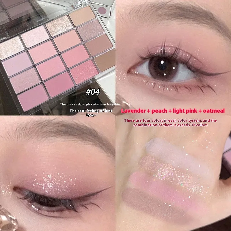 16 colour eyeshadow palette showing shimmer and matte shades in pink, brown and lavender colours
