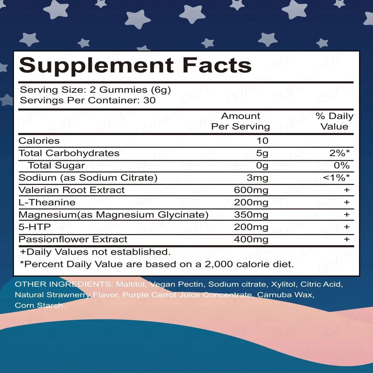 Bottle of natural sleep gummies with strawberry flavour, 60 count, vegan pectin-based star-shaped gummies
