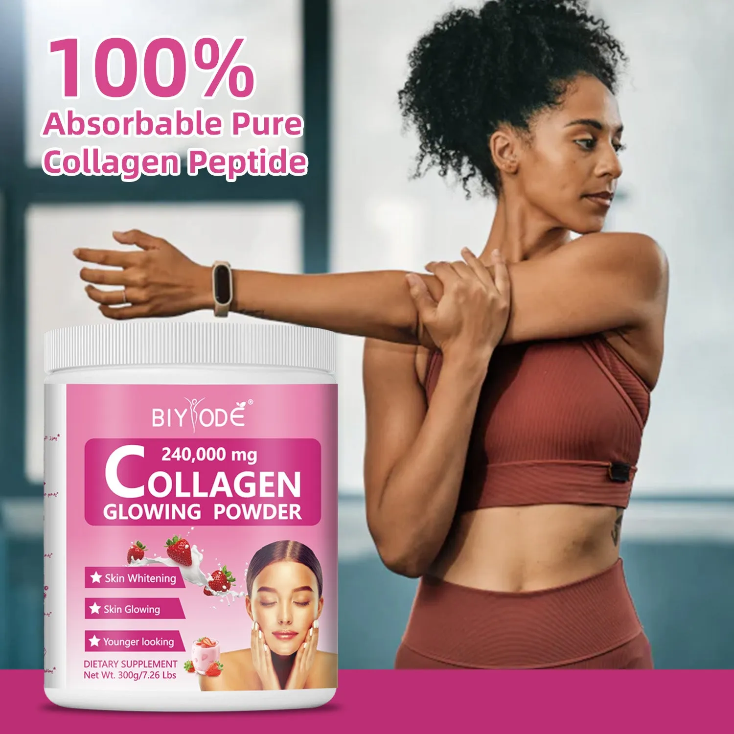 Collagen glowing powder herbal supplement drink mix for skin brightening and joint strength, 30 servings