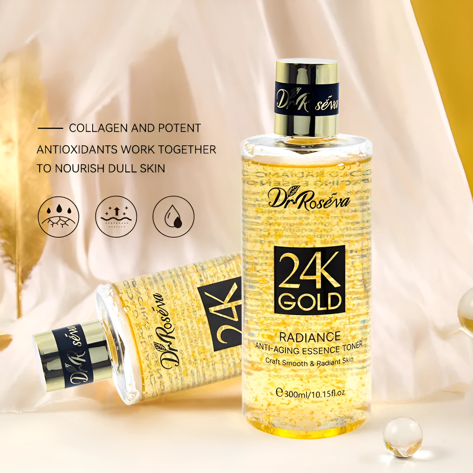 DR.ROSEVA 24K Gold Collagen Toner 300ml bottle with gold and collagen formula for pore care