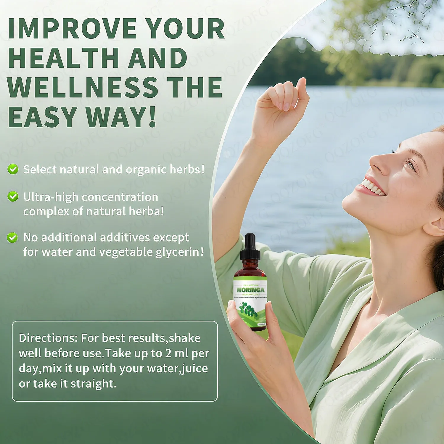 Bottle of organic moringa leaf extract drops 60ml with dropper on white background
