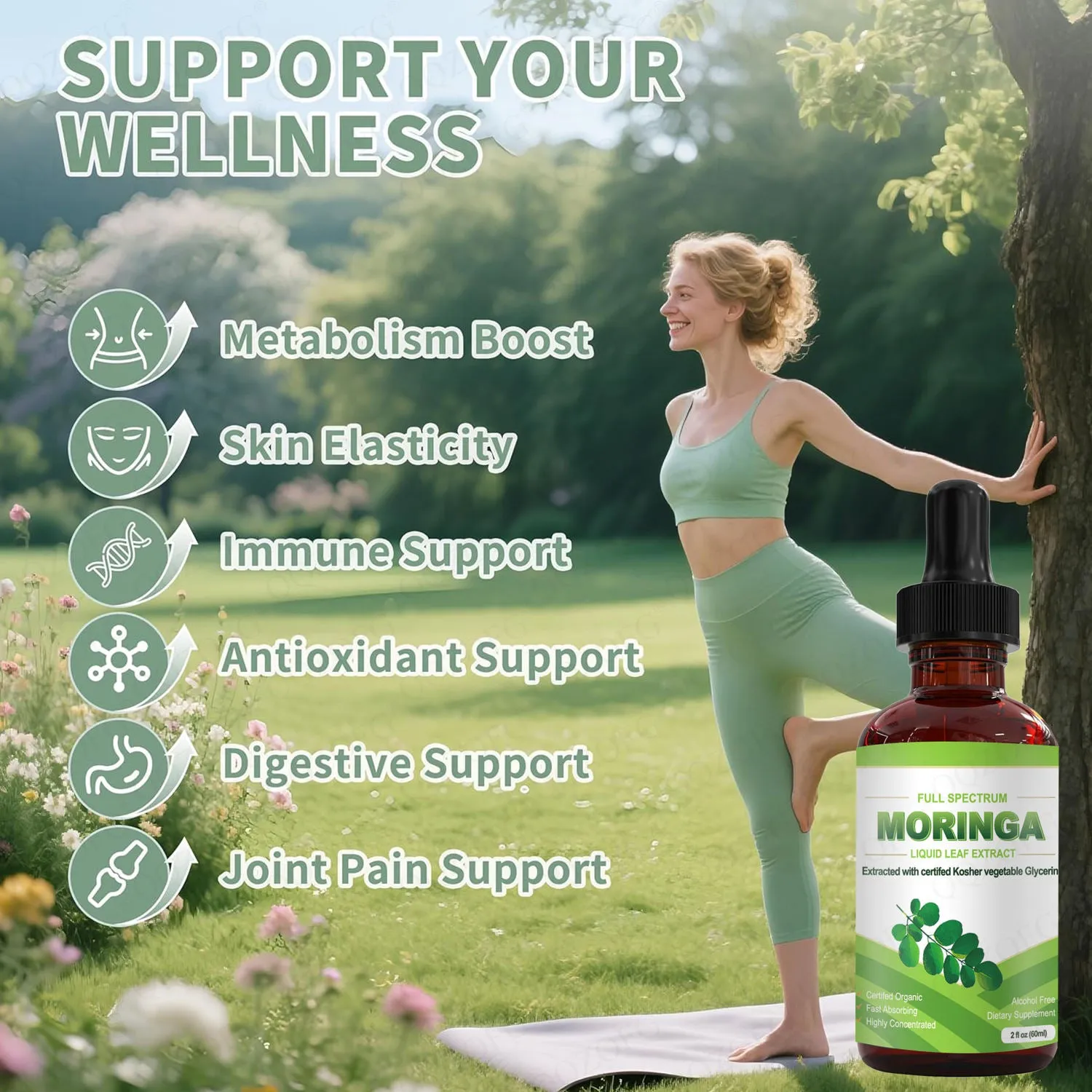 Bottle of organic moringa leaf extract drops 60ml with dropper on white background