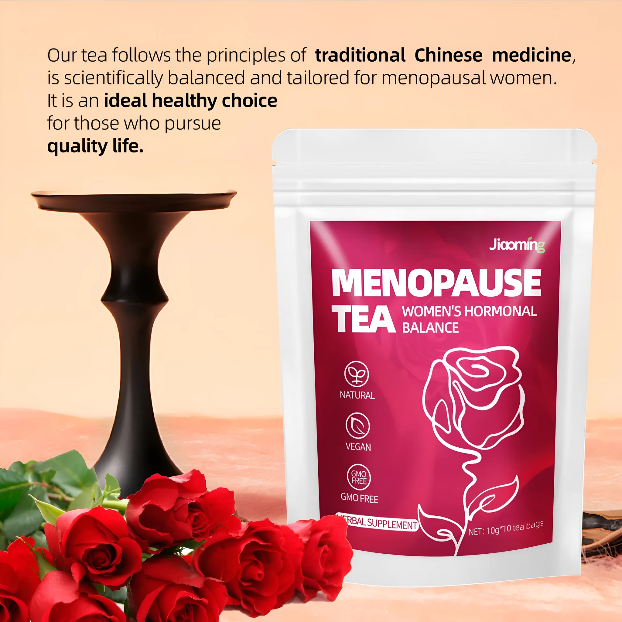 Women's menopausal health flower bag tea pack with 10 small bags on table