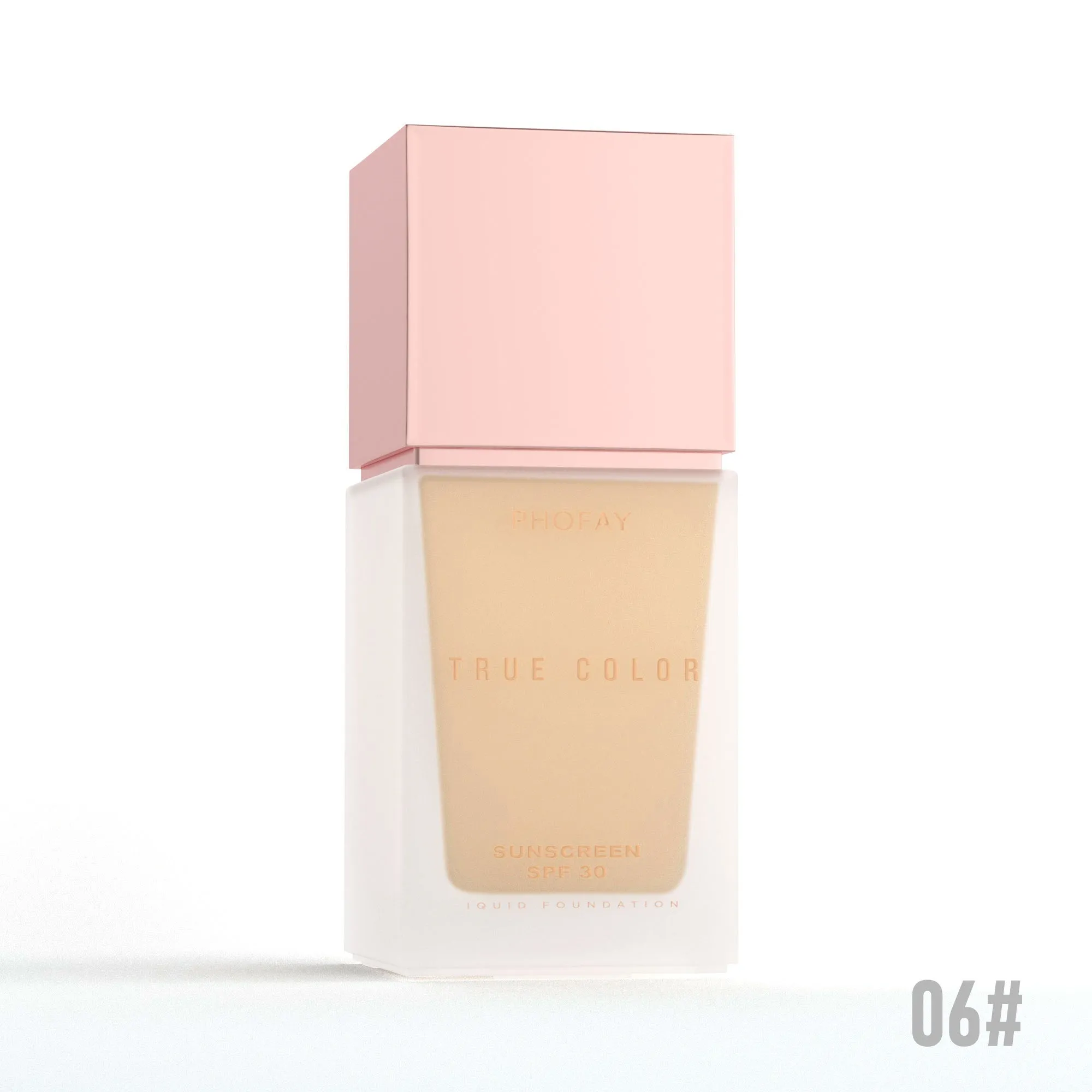 Matte sunscreen liquid foundation SPF 30 bottle with six colour shade options