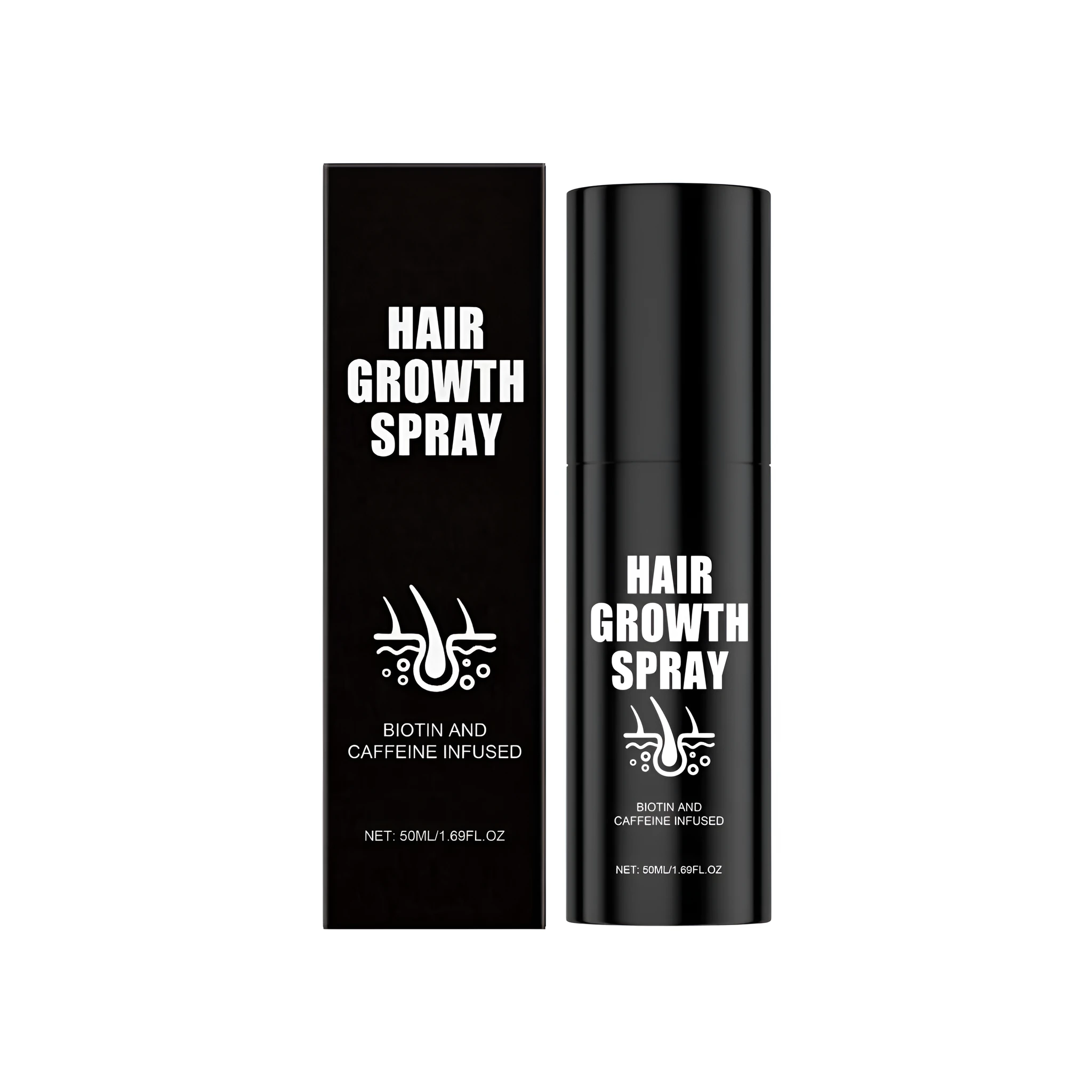 Hair care spray 50ml with biotin and caffeine in a clear bottle with black nozzle