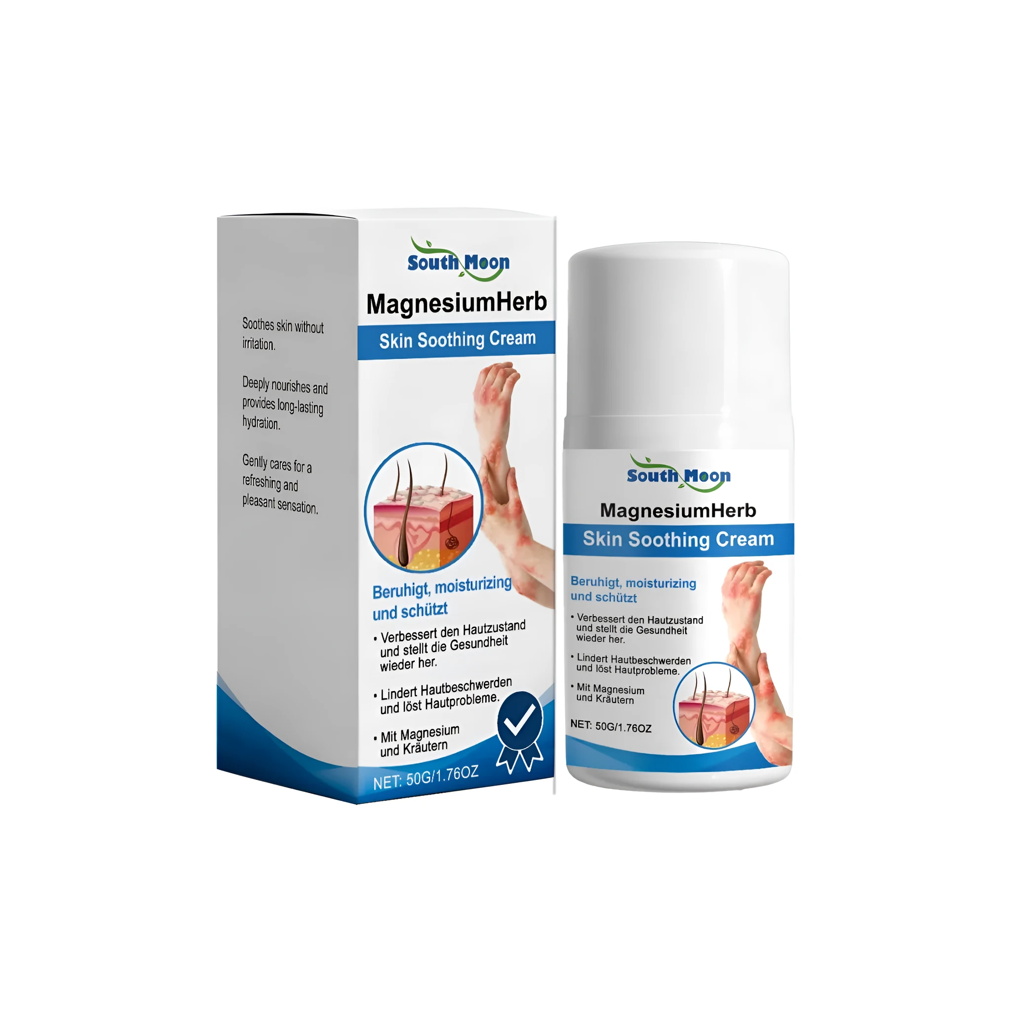 Skin soothing cream in a 50g white pot with labels highlighting coconut fruit extract and DNA magnesium