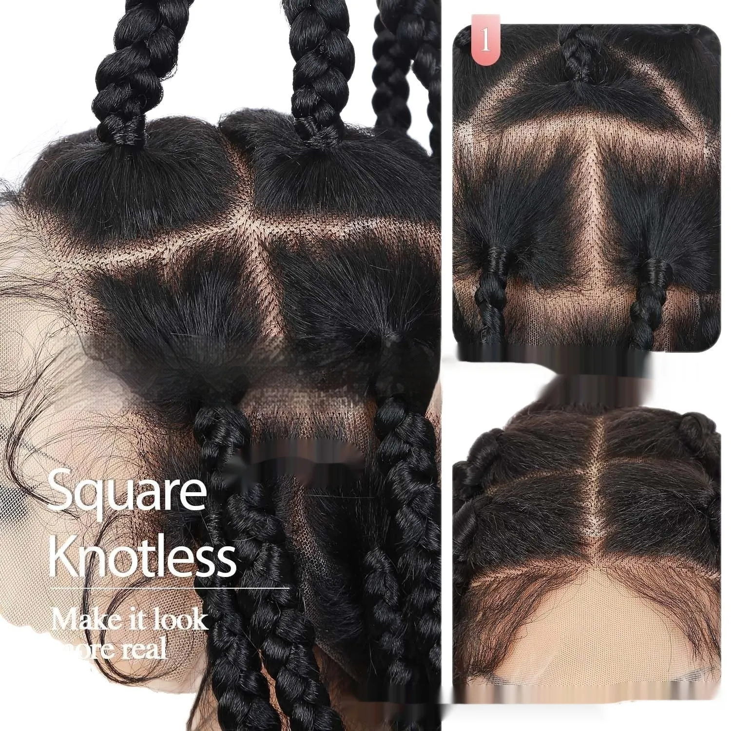 Hand-woven full lace synthetic fiber three-strand braid wig cap, 36 inch length, colour 1B natural black