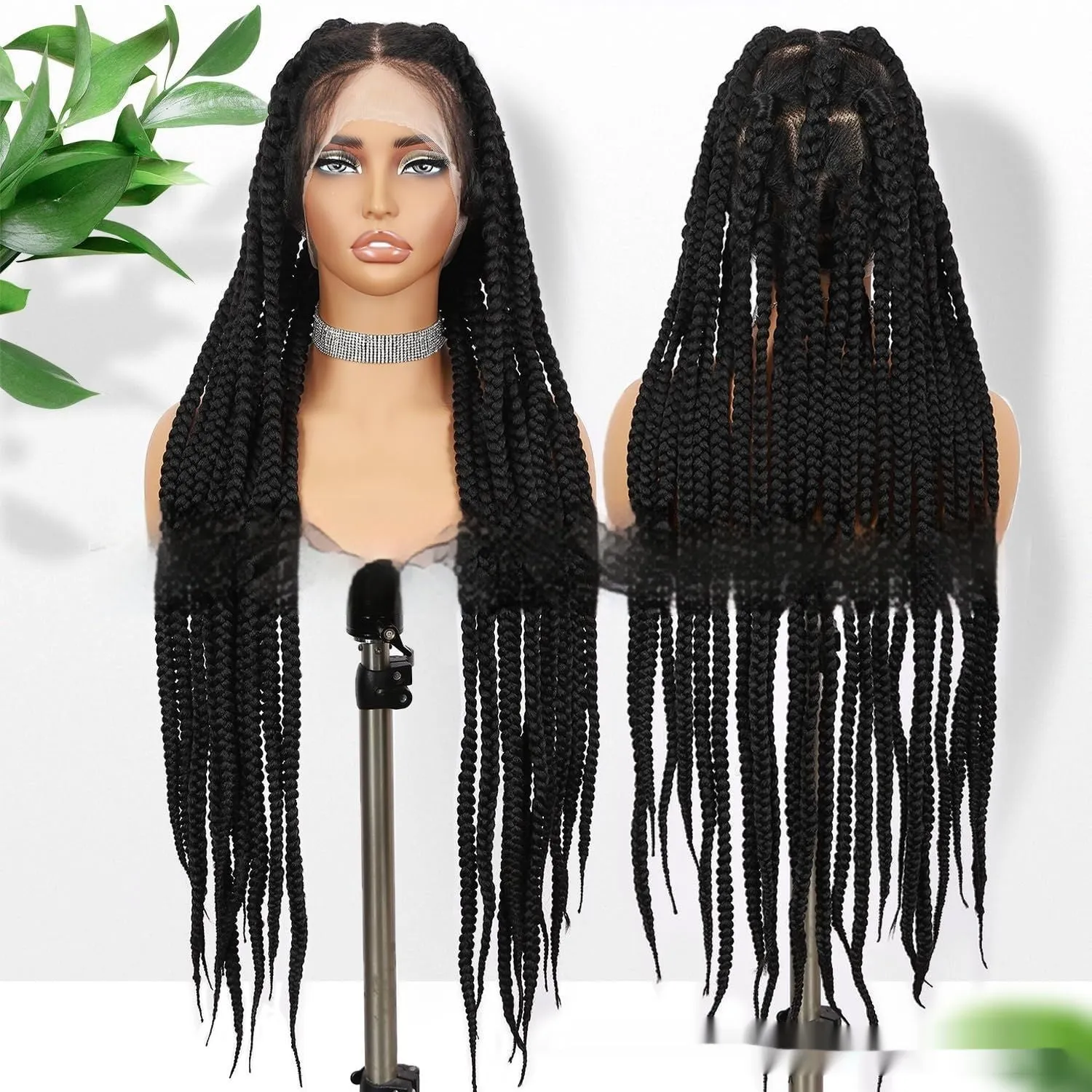 Hand-woven full lace synthetic fiber three-strand braid wig cap, 36 inch length, colour 1B natural black