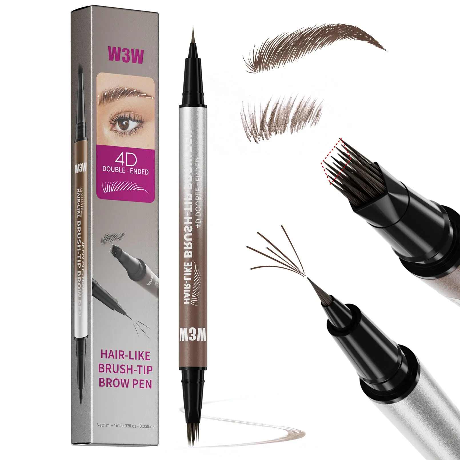 Waterproof sweat-proof smudge-proof double-ended eyebrow pencil with powder in five colour options including light brown, brown, dark brown, black brown, and black.