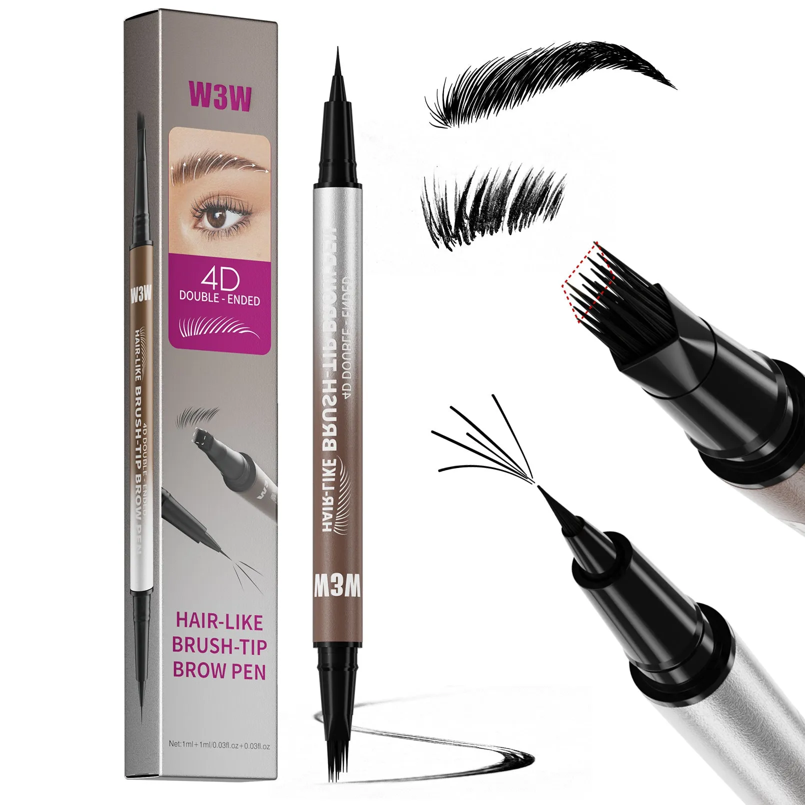 Waterproof sweat-proof smudge-proof double-ended eyebrow pencil with powder in five colour options including light brown, brown, dark brown, black brown, and black.
