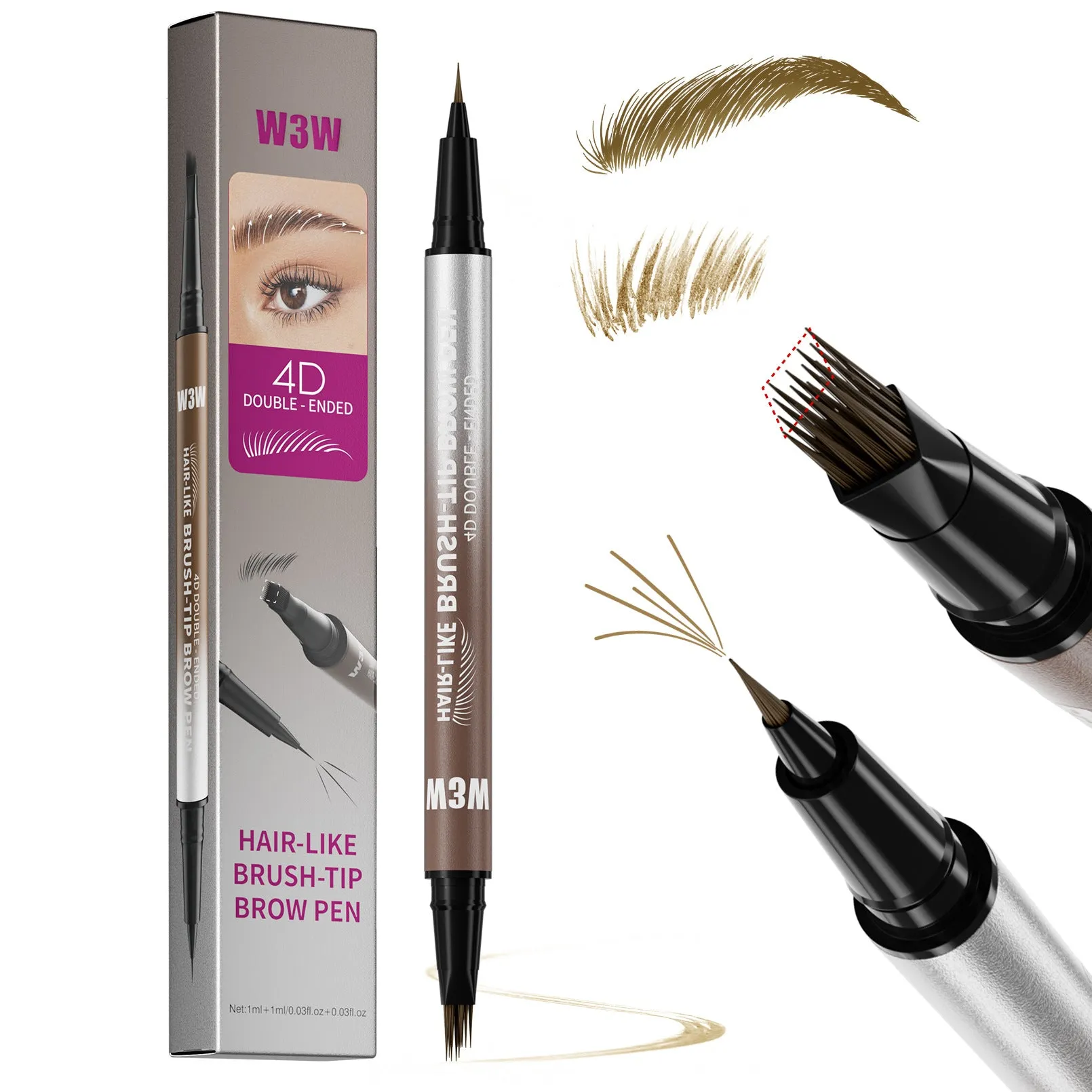 Waterproof sweat-proof smudge-proof double-ended eyebrow pencil with powder in five colour options including light brown, brown, dark brown, black brown, and black.