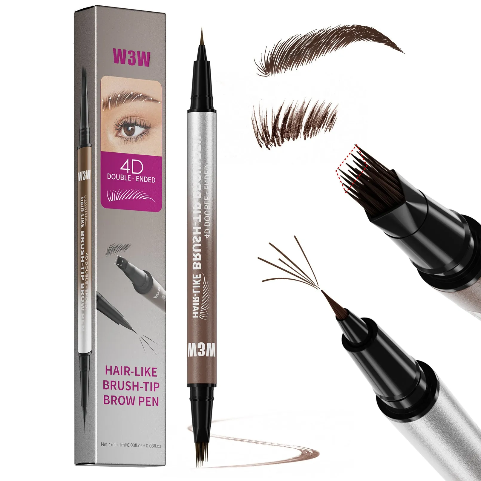 Waterproof sweat-proof smudge-proof double-ended eyebrow pencil with powder in five colour options including light brown, brown, dark brown, black brown, and black.