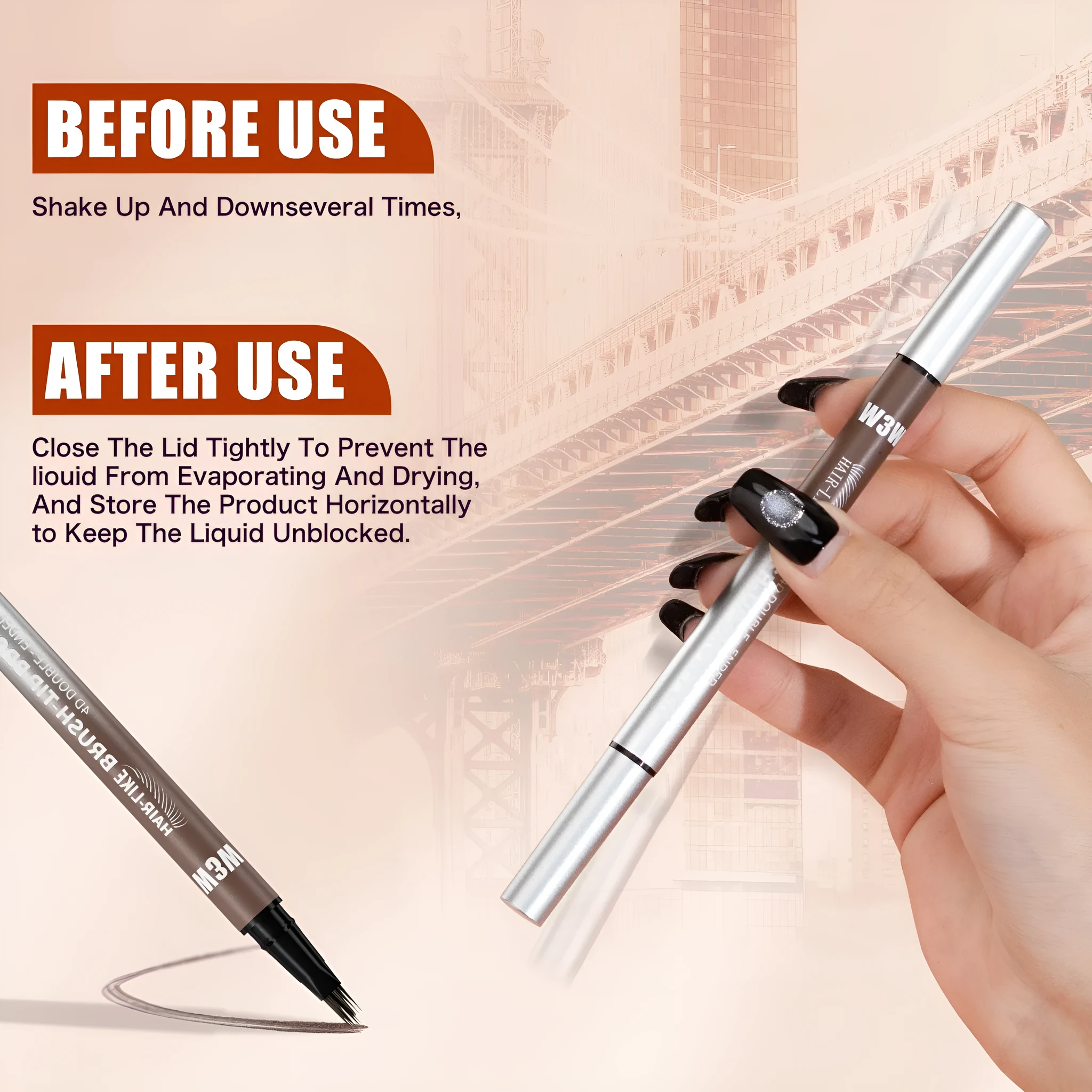 Waterproof sweat-proof smudge-proof double-ended eyebrow pencil with powder in five colour options including light brown, brown, dark brown, black brown, and black.
