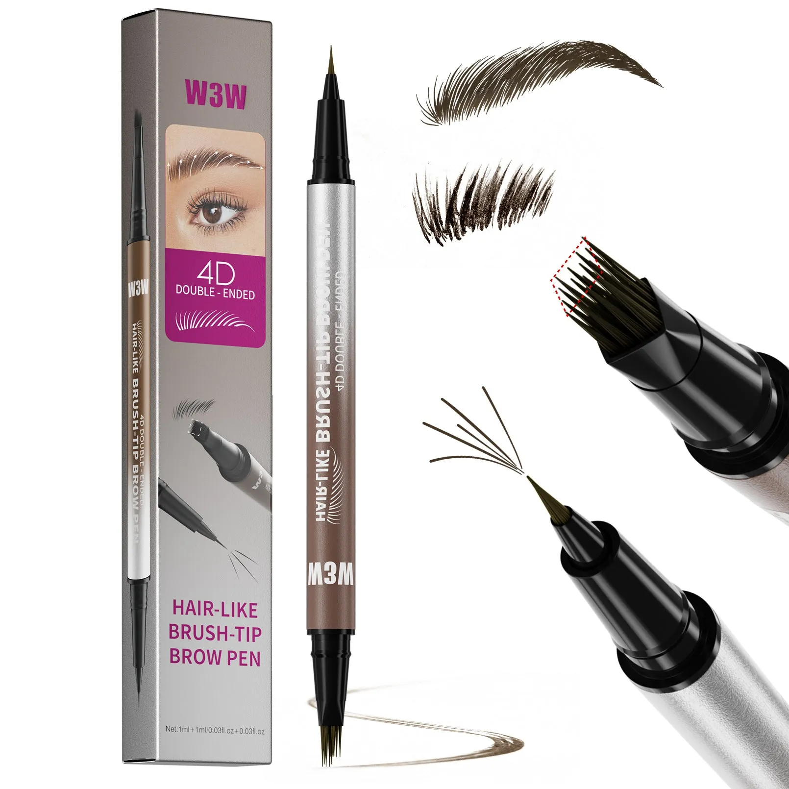 Waterproof sweat-proof smudge-proof double-ended eyebrow pencil with powder in five colour options including light brown, brown, dark brown, black brown, and black.