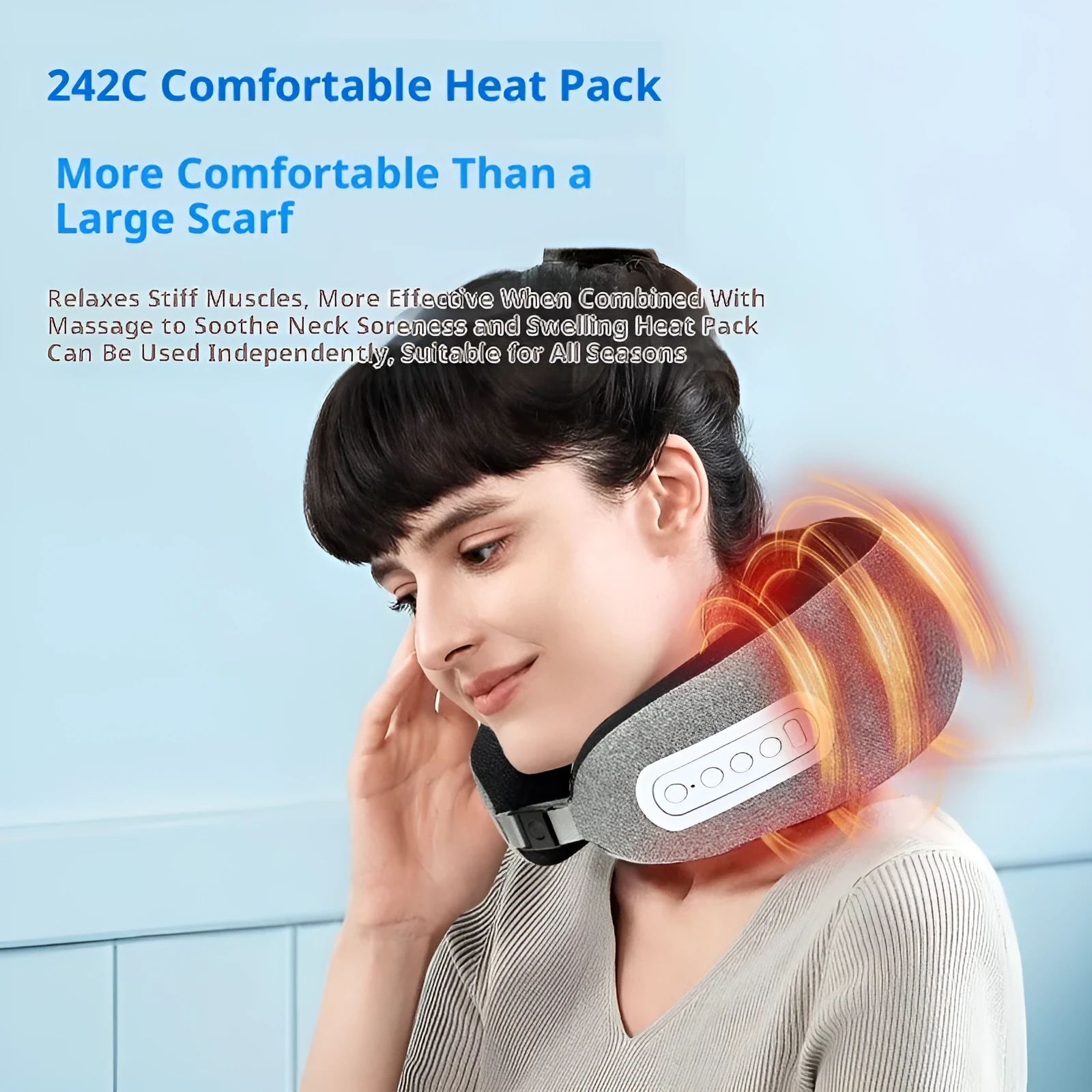 Light grey U-shaped memory foam massage pillow with USB cable on a sofa for home neck and shoulder relief
