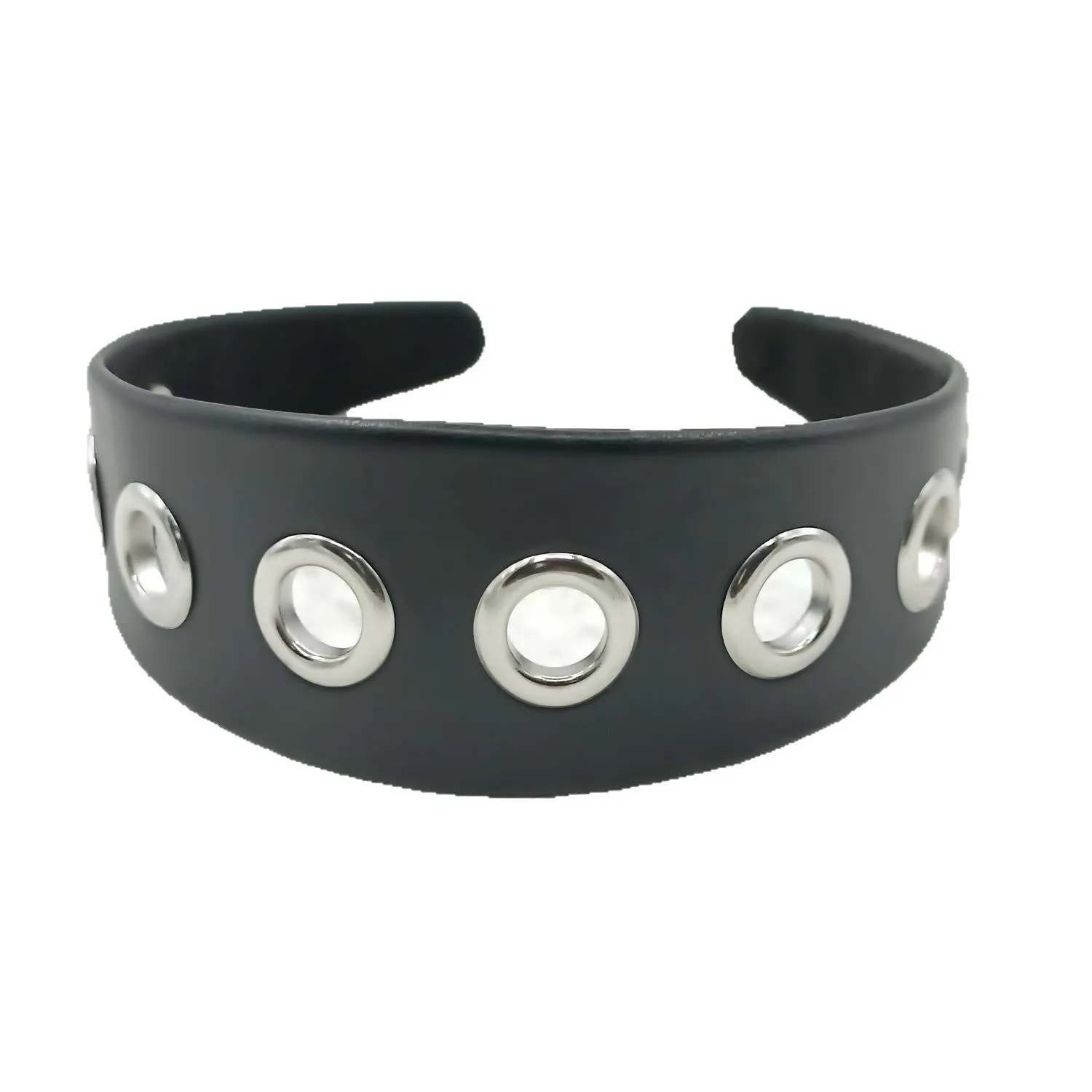 Black handmade artificial leather wide headband with punk style round and square rivets