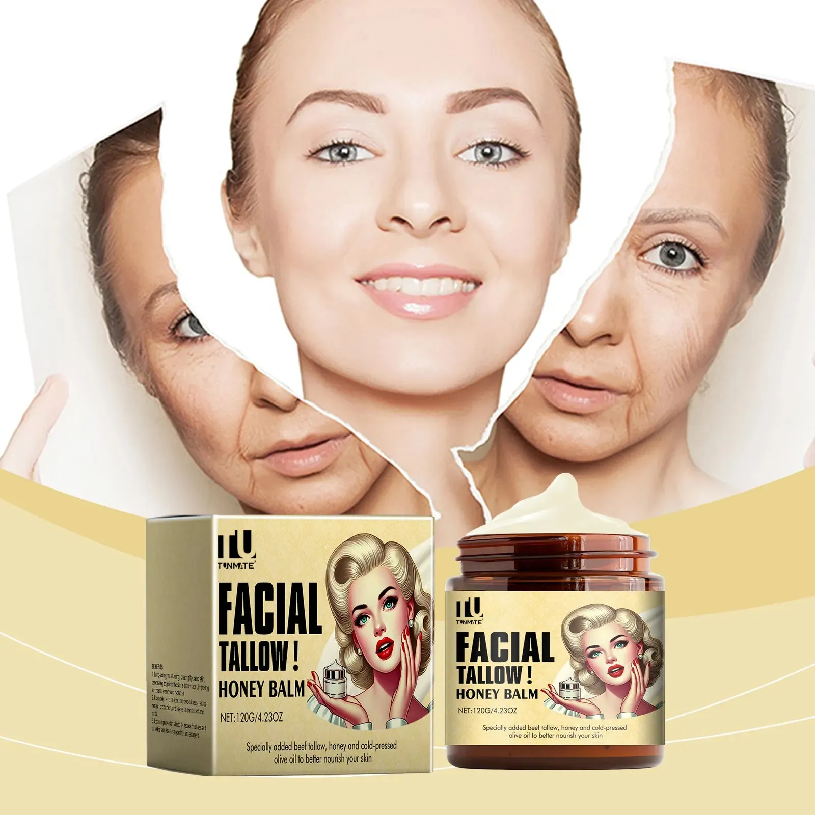 Beef tallow skincare balm in a 120g container, whipped grass fed tallow moisturiser for face and body
