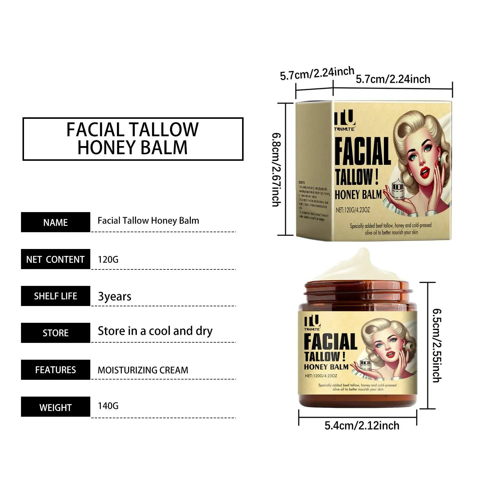 Beef tallow skincare balm in a 120g container, whipped grass fed tallow moisturiser for face and body