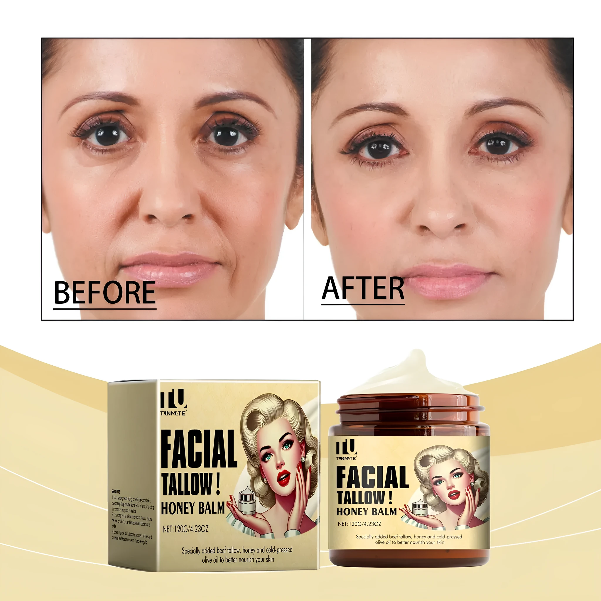 Beef tallow skincare balm in a 120g container, whipped grass fed tallow moisturiser for face and body