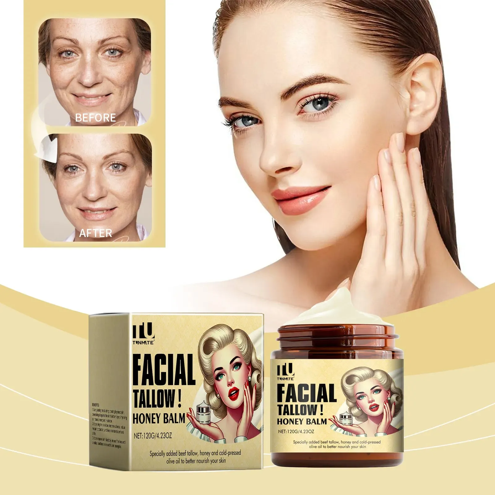 Beef tallow skincare balm in a 120g container, whipped grass fed tallow moisturiser for face and body